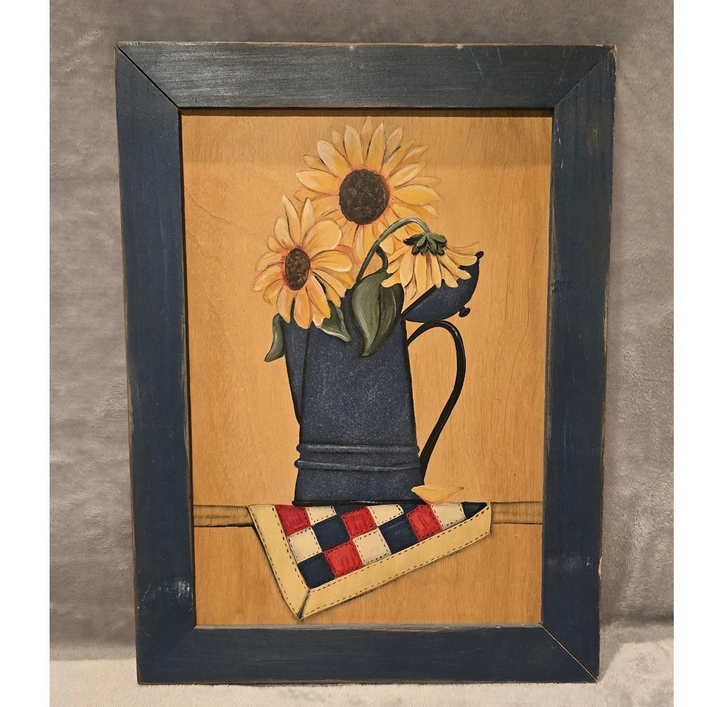Rustic Hand Painted Sunflower Wood Wall Art Farmhouse Country Decor Blue Frame
